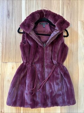 White House Black Market Wine Faux Fur Hooded Vest